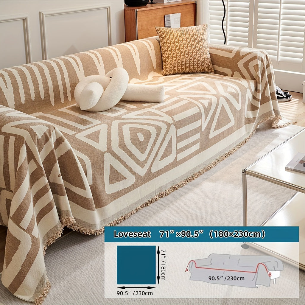 Plaid motif géométrique bohème à franges – Beige et écru