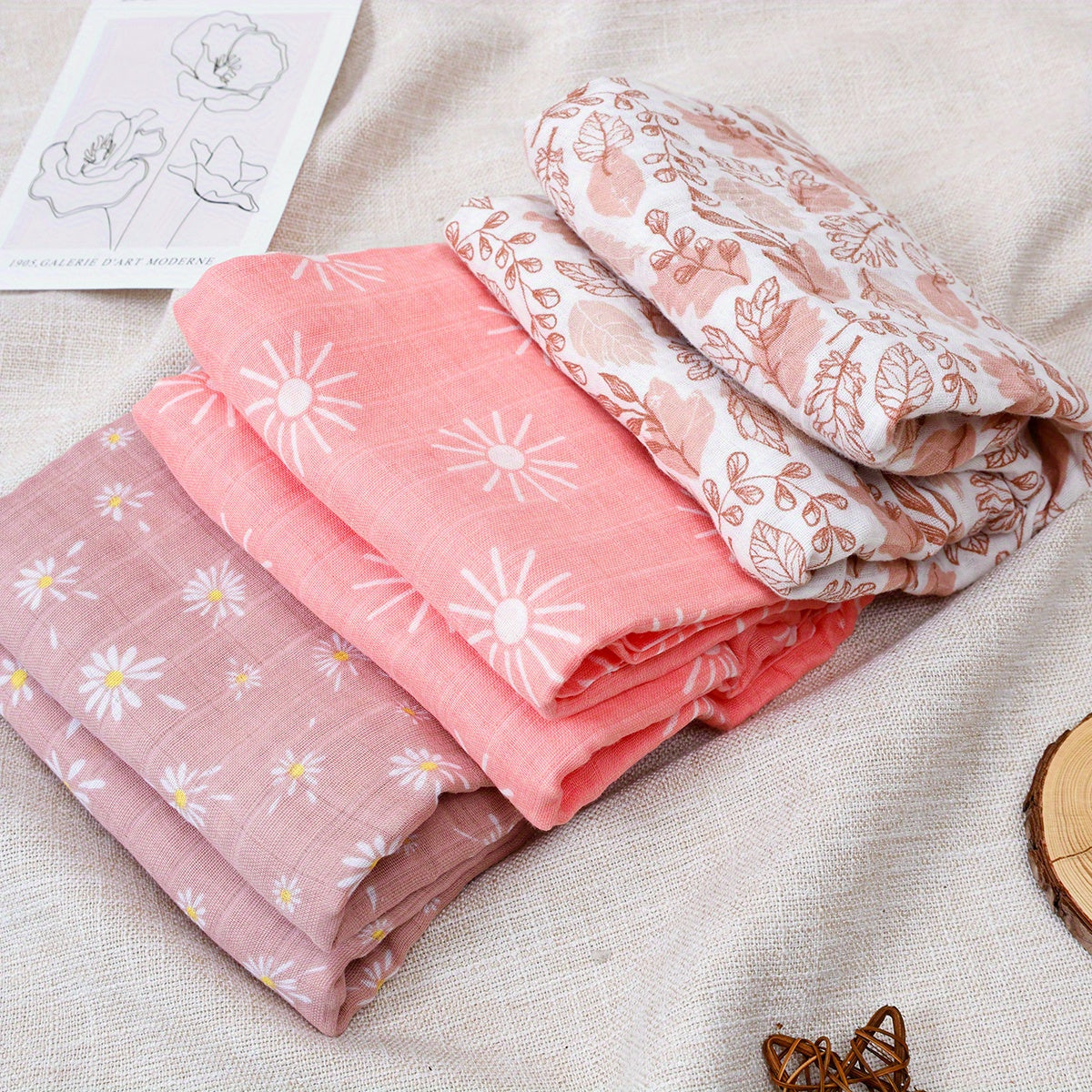 Lot de 3 langes en mousseline rose fleuri – imprimés détaillés Image