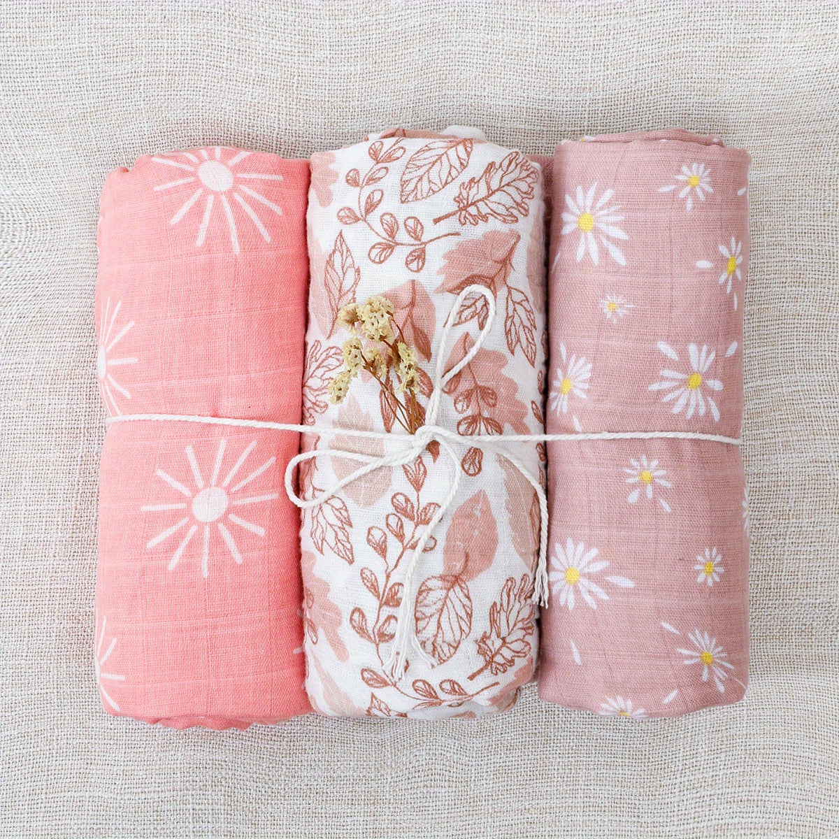Lot de 3 langes en mousseline rose fleuri – vue produit