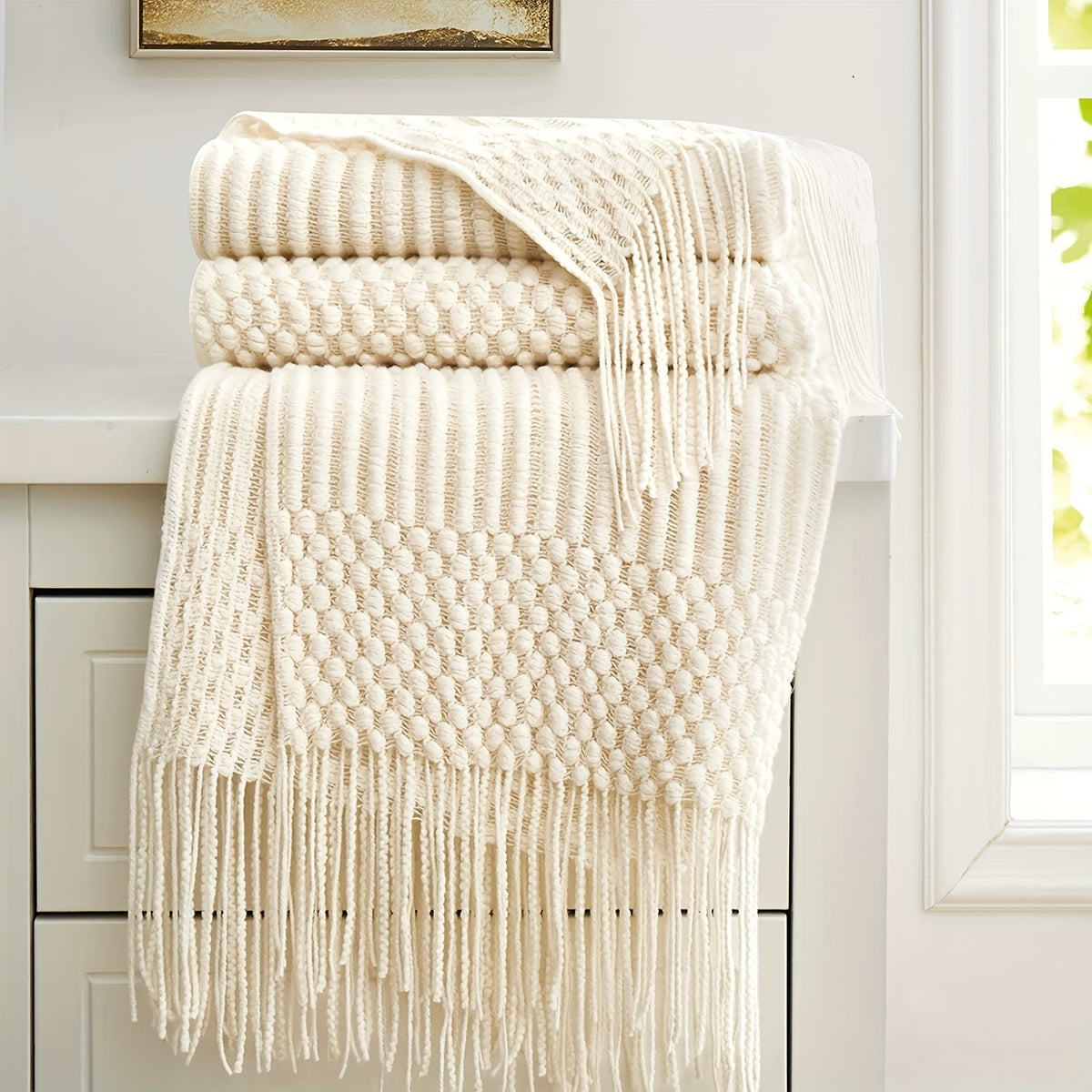 Plaid en tricot à pompons – Blanc