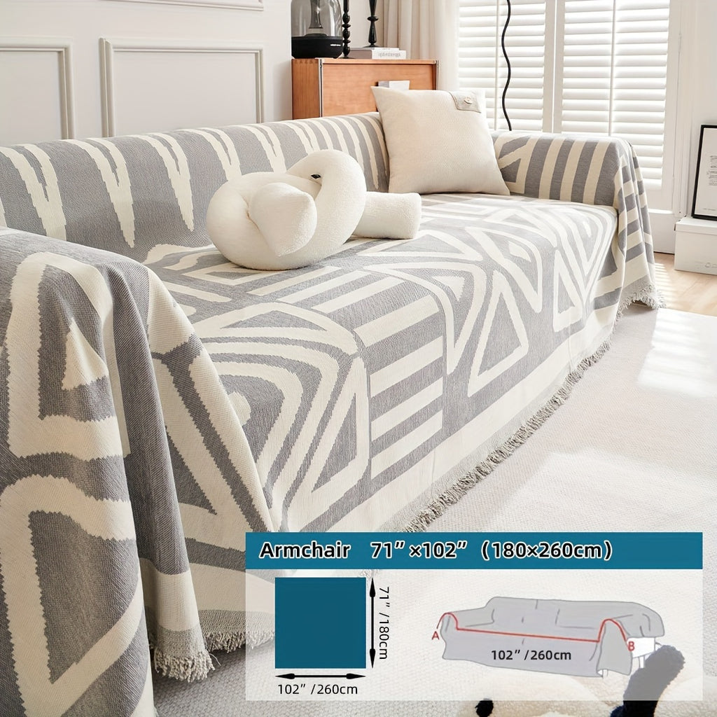 Plaid motif géométrique bohème à franges – Gris et écru