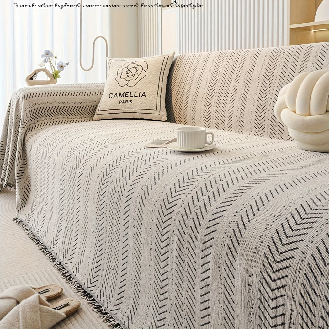Plaid en chenille à motif chevrons – Noir