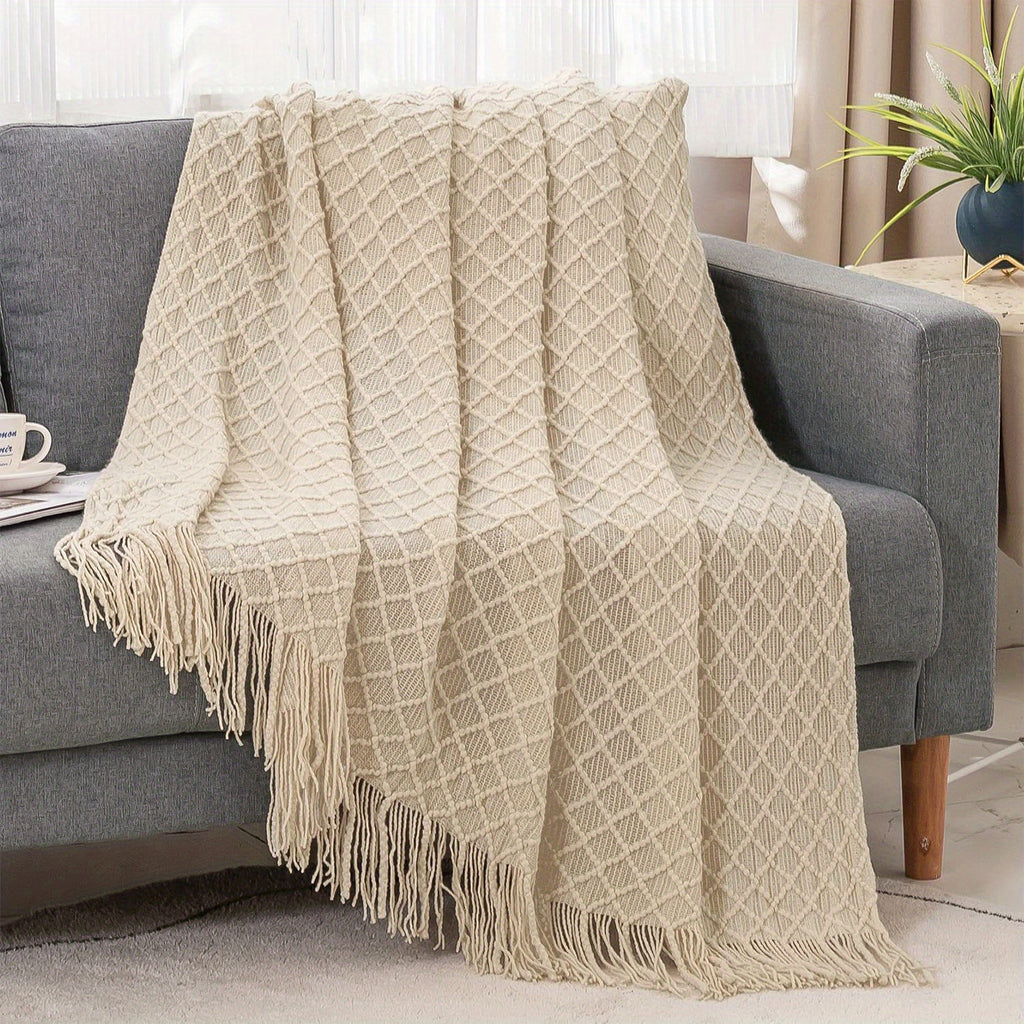 Plaid losange à franges tressées – Beige