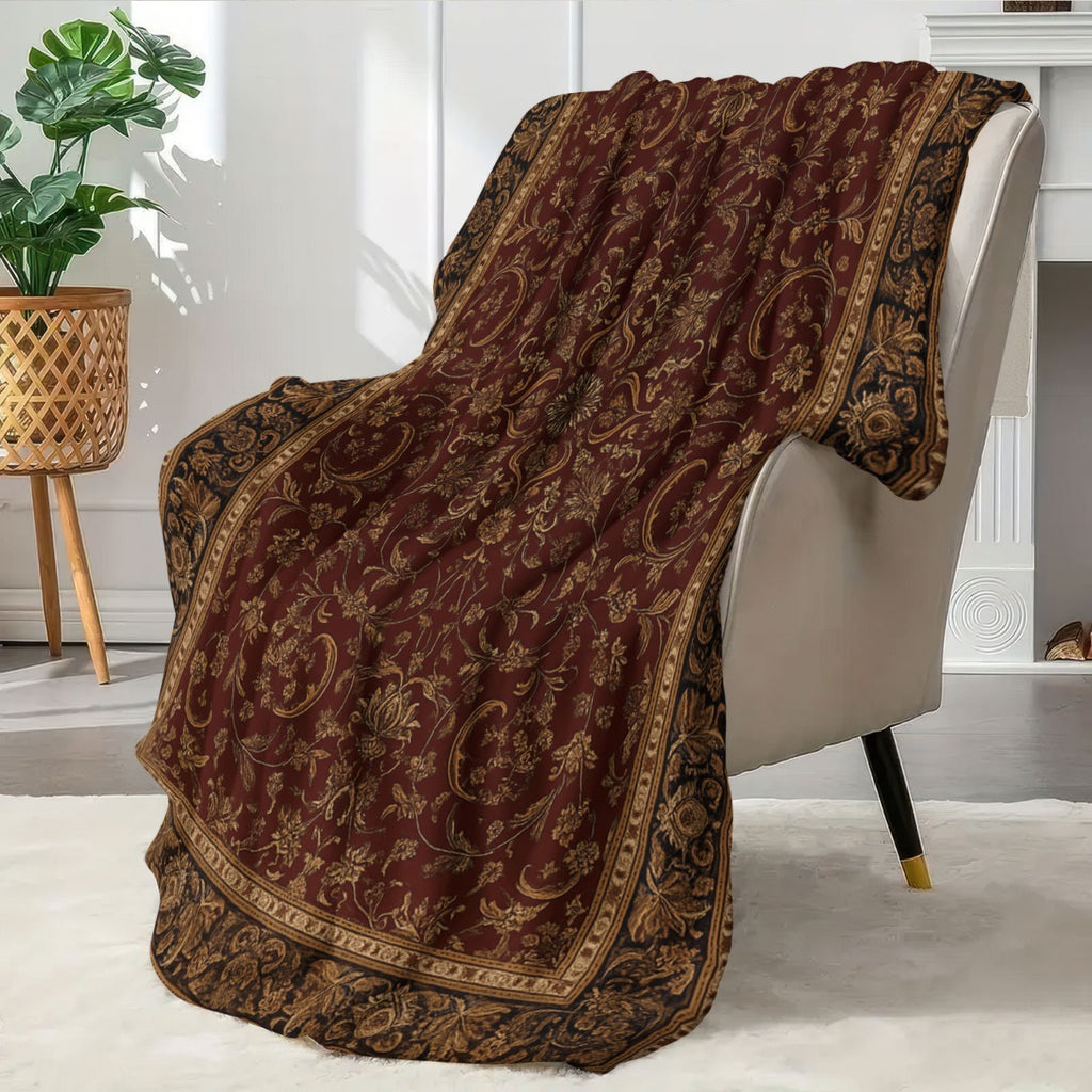 Plaid vintage damas bordeaux et doré, détail du motif