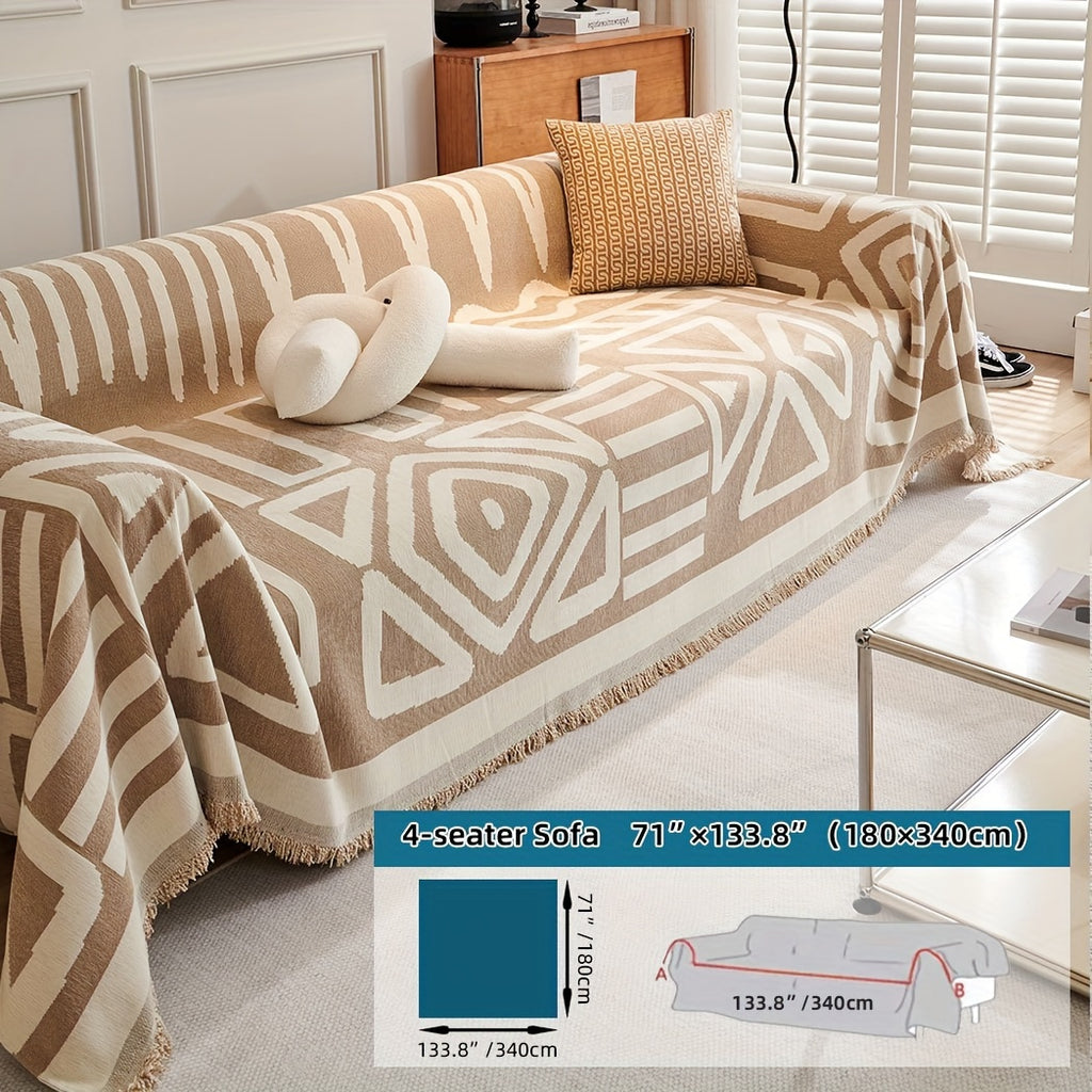Plaid motif géométrique bohème à franges – Beige et écru