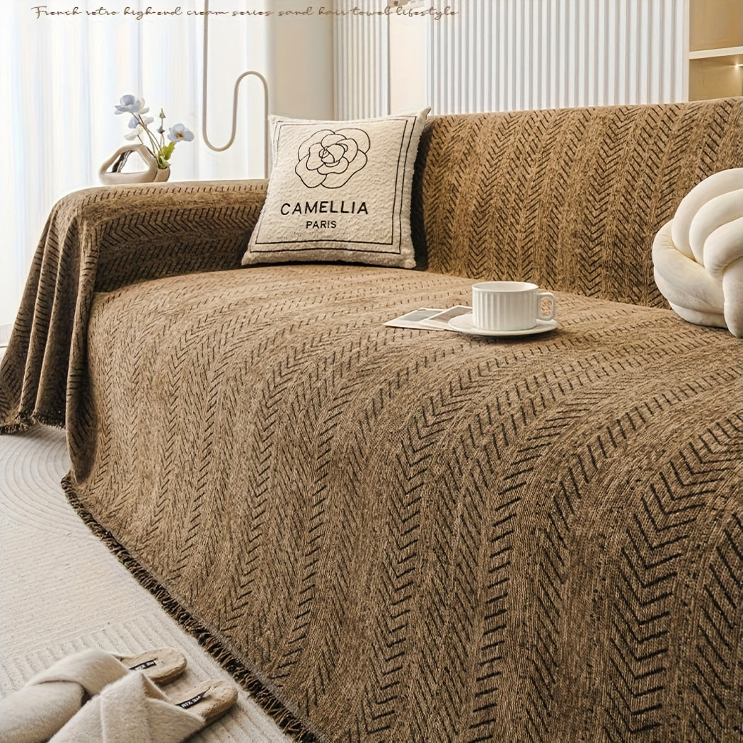 Plaid en chenille à motif chevrons – Marron