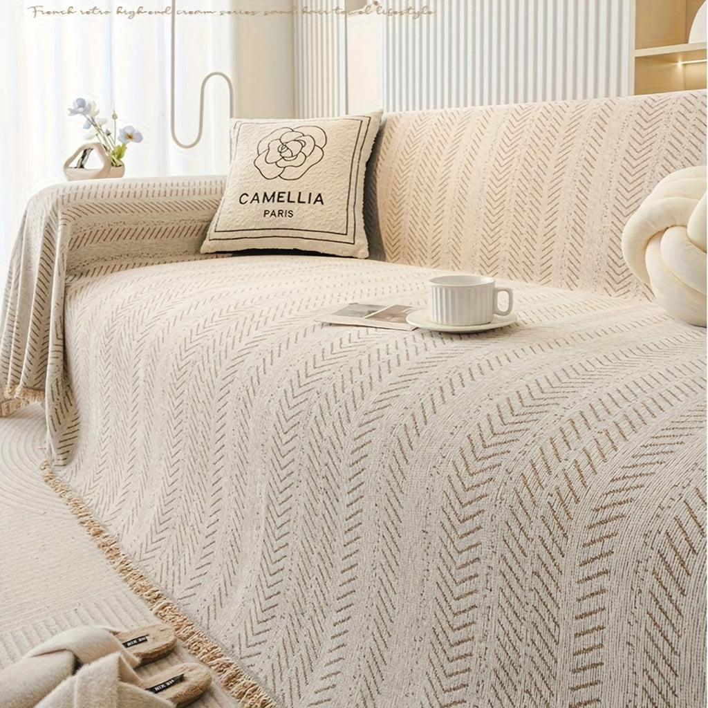 Plaid en chenille à motif chevrons – Beige
