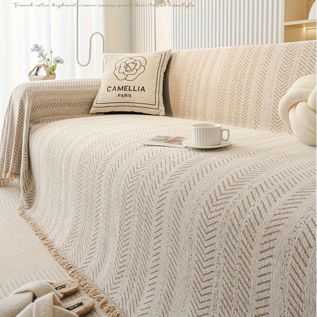 Plaid en chenille à motif chevrons – Beige