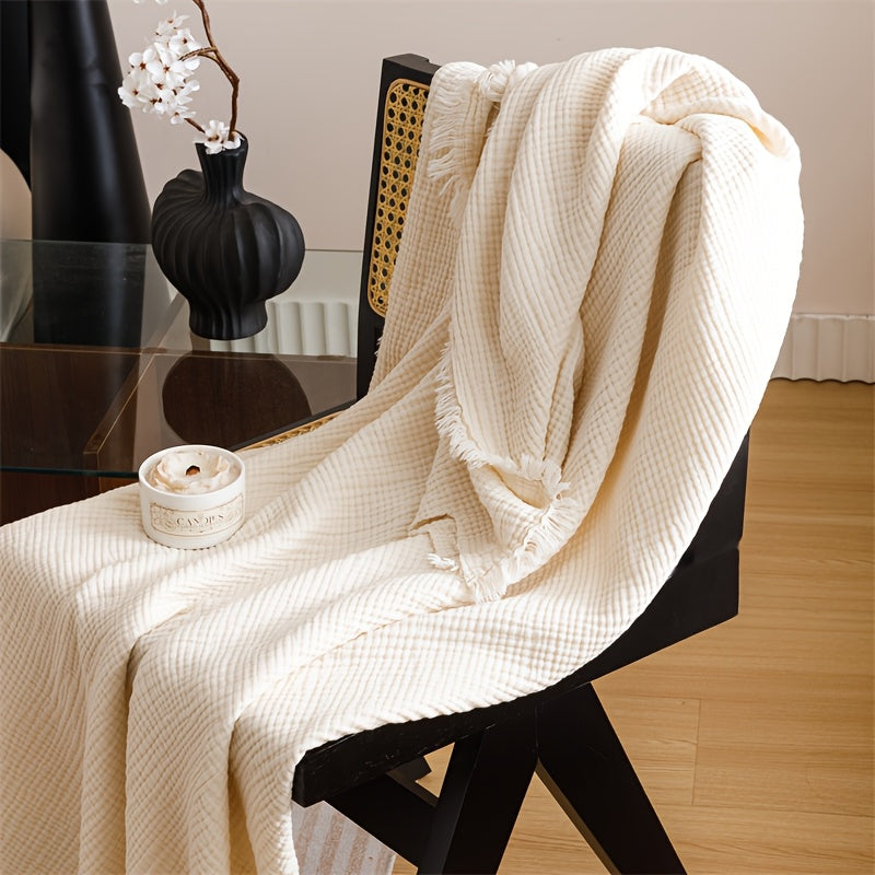 Plaid en gaze de coton blanc à franges
