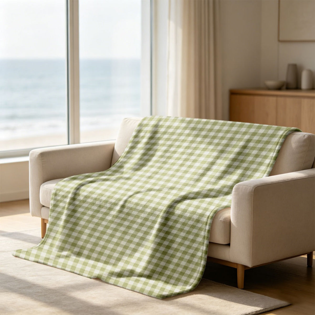 Plaid vichy vert sauge sur un canapé