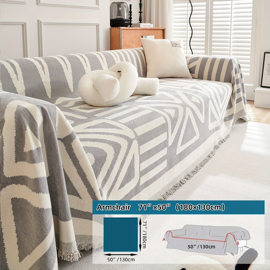 Plaid motif géométrique bohème à franges – Gris et écru