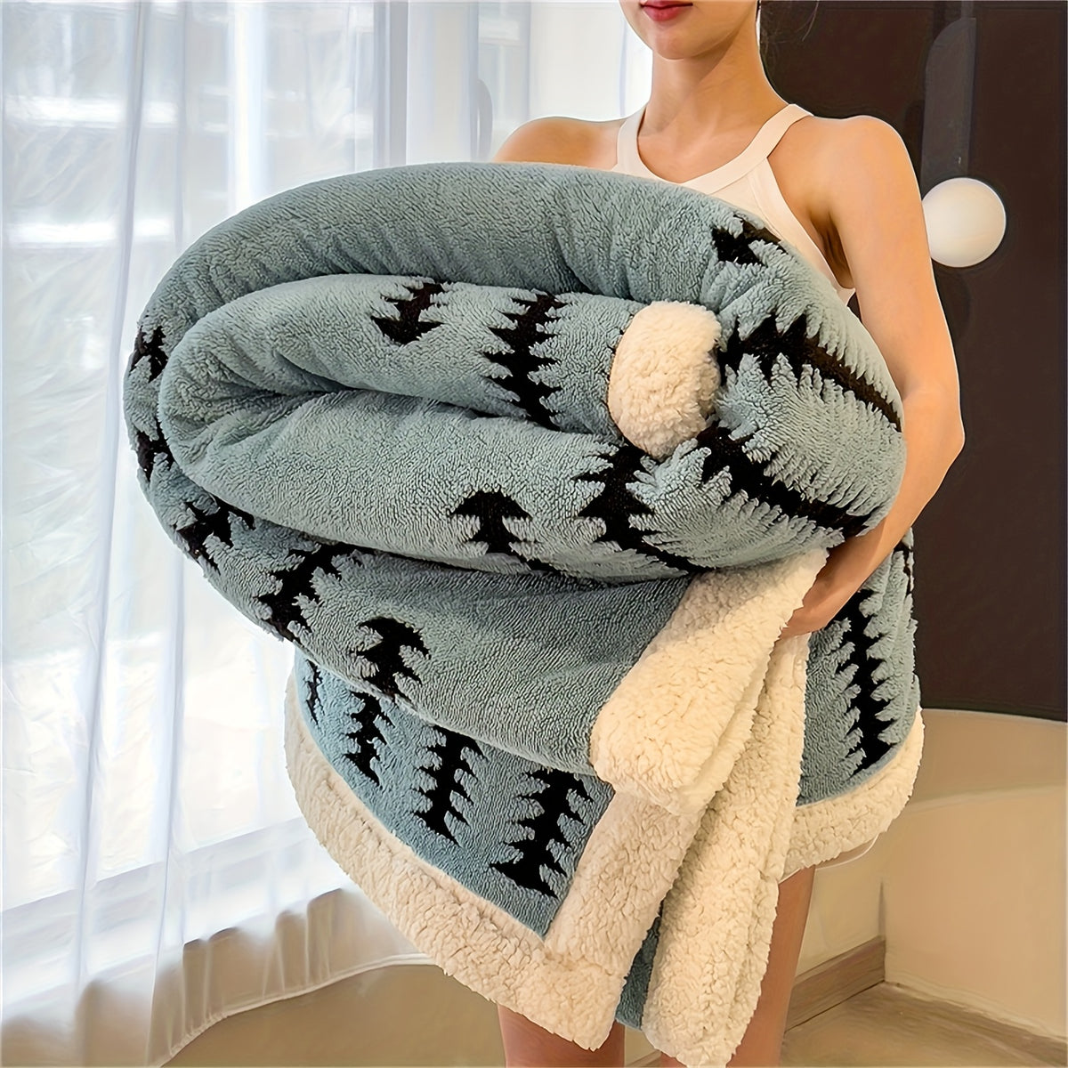 Plaid sherpa réversible motif zigzag bleu