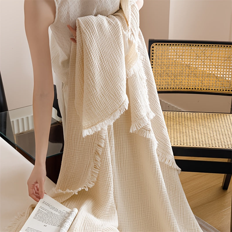 Plaid en gaze de coton blanc à franges Image