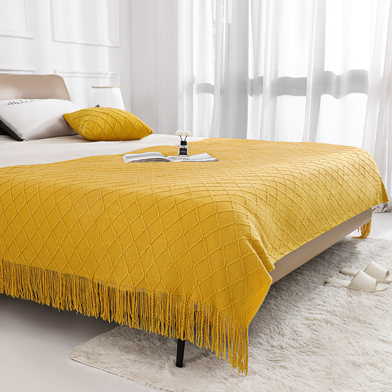 Plaid bohème tissé à franges – coloris jaune