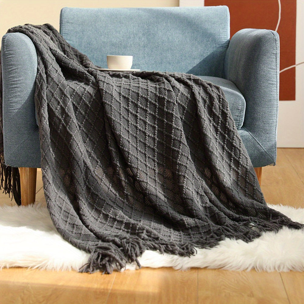 Plaid losange à franges tressées – Gris