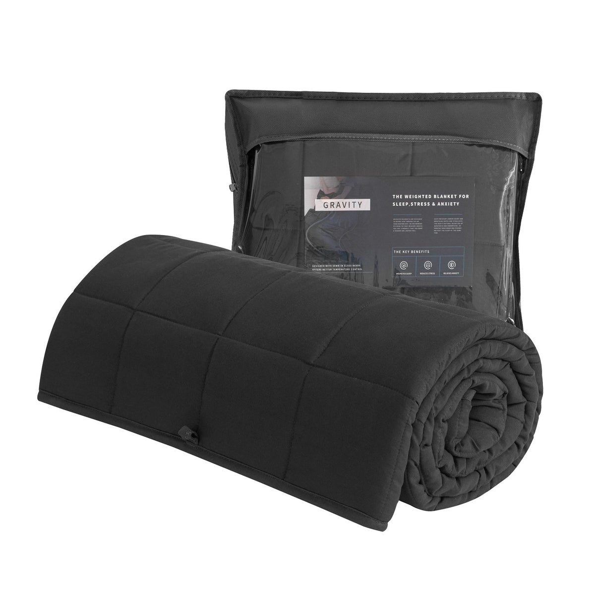 Couverture lestée noire anti-stress – pliée avec pochette