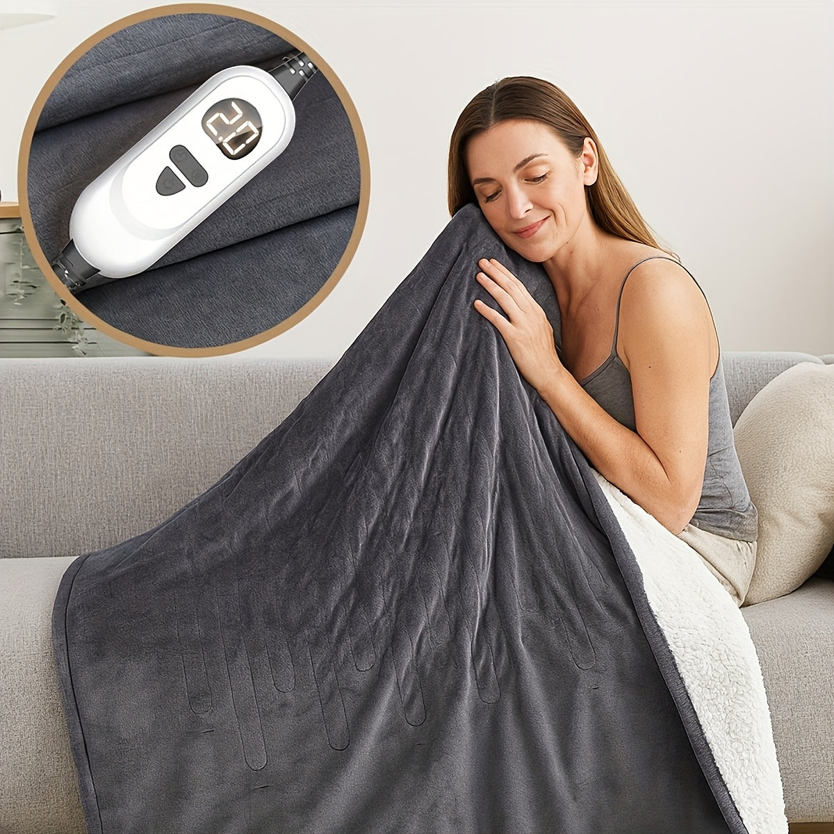 Couverture chauffante flanelle et sherpa – gris, en situation Image