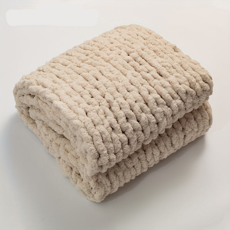 Plaid tricot grosse maille chenille blanc cassé