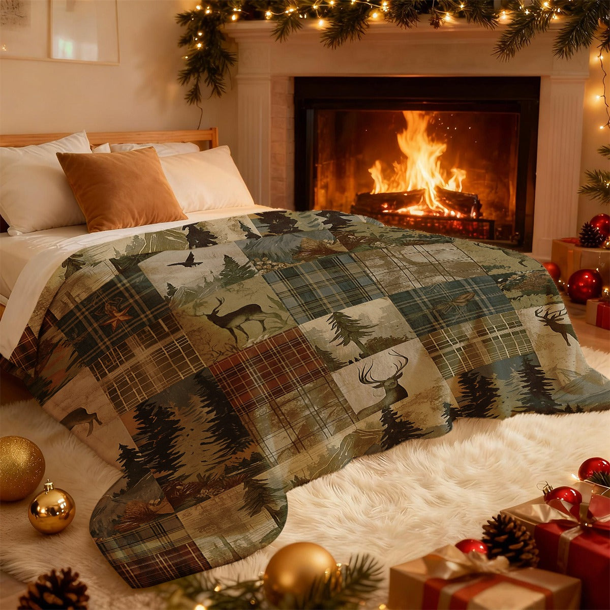 Plaid patchwork tartan forêt et cerfs sur un lit Image