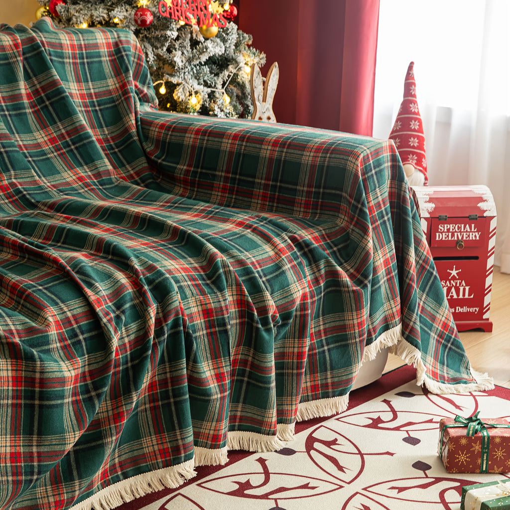 Plaid tartan vert et rouge de Noël à franges