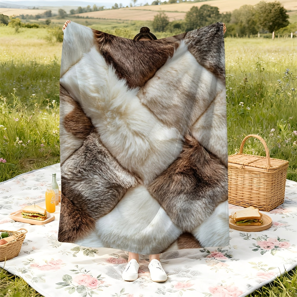 Plaid fausse fourrure patchwork marron et blanc en pique-nique