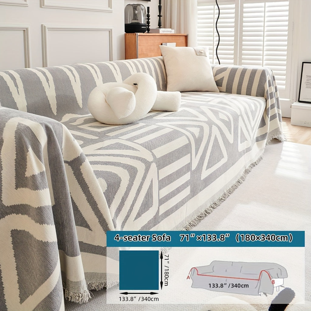 Plaid motif géométrique bohème à franges – Gris et écru
