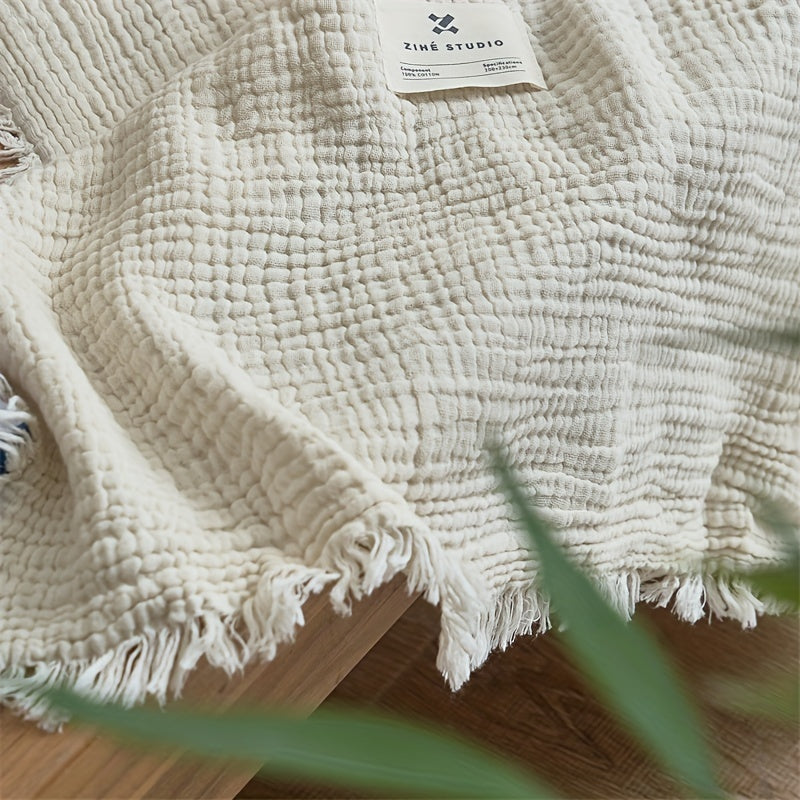 Plaid en coton froissé à franges