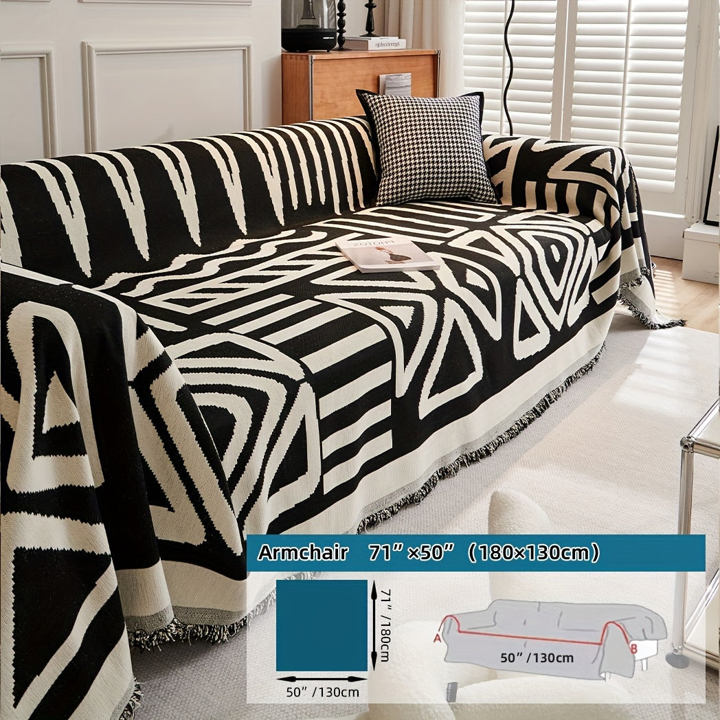 Plaid motif géométrique bohème à franges – Noir et écru