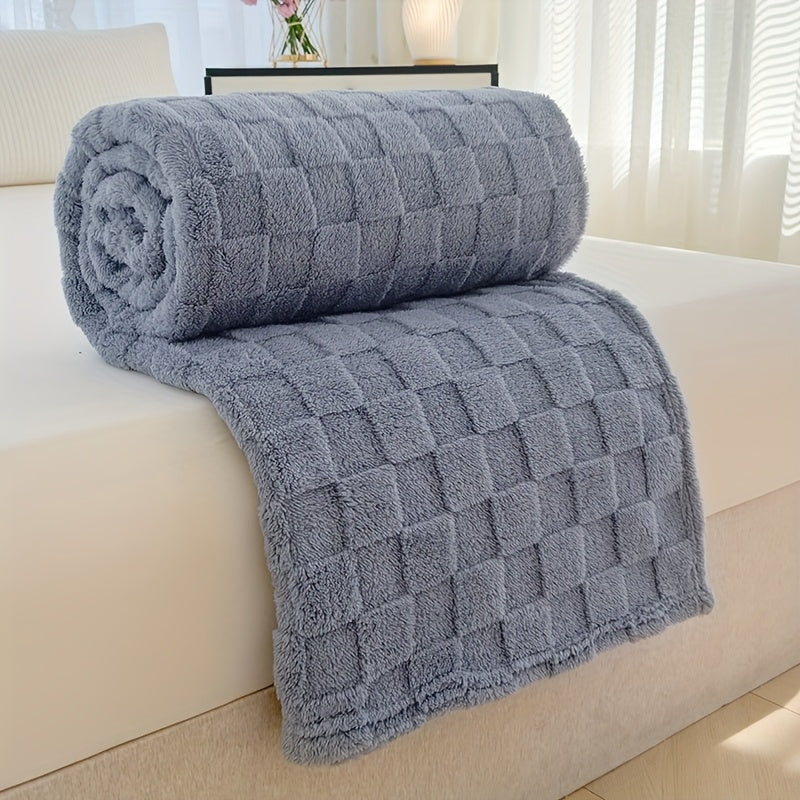 Plaid en peluche à motif damier – Bleu
