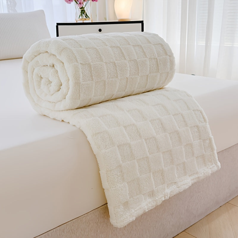 Plaid en peluche à motif damier – Blanc