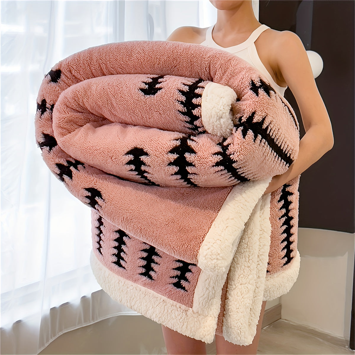 Plaid sherpa réversible motif zigzag rose