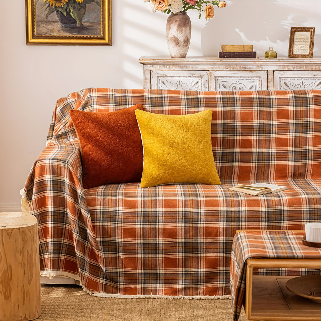 Plaid à carreaux jaune et rouille à franges