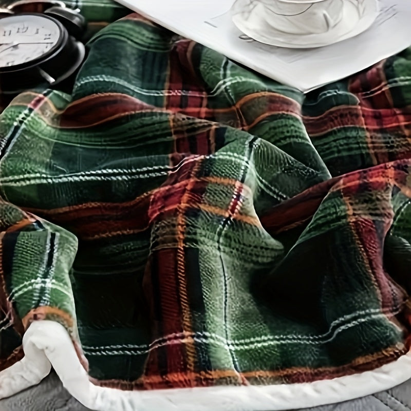 Plaid tartan vert réversible en sherpa, détail du tissage