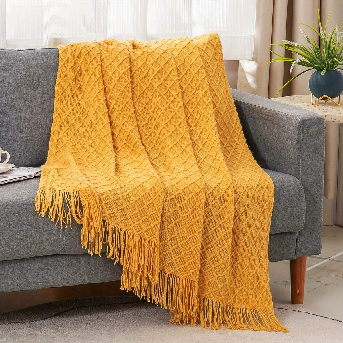 Plaid losange à franges tressées – Jaune