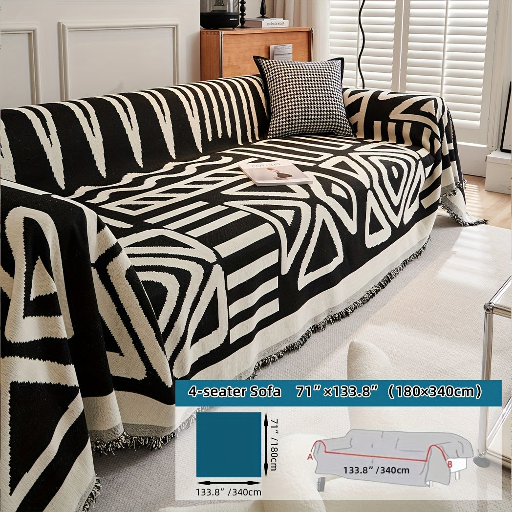 Plaid motif géométrique bohème à franges – Noir et écru