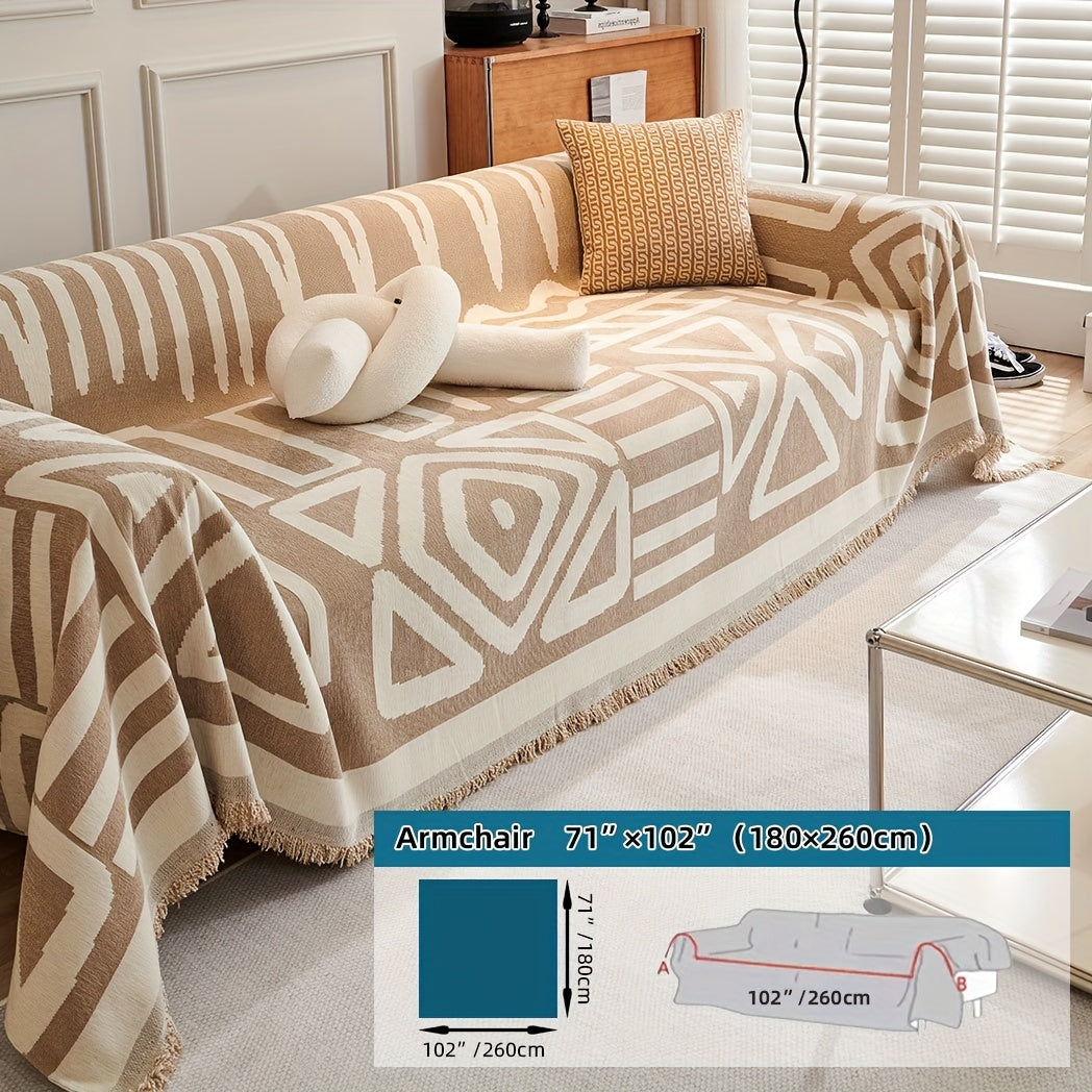 Plaid motif géométrique bohème à franges – Beige et écru