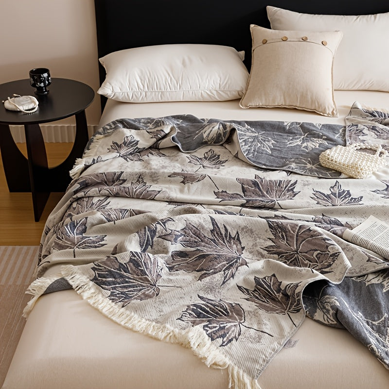 Plaid en coton jacquard à franges – motif feuilles d'érable