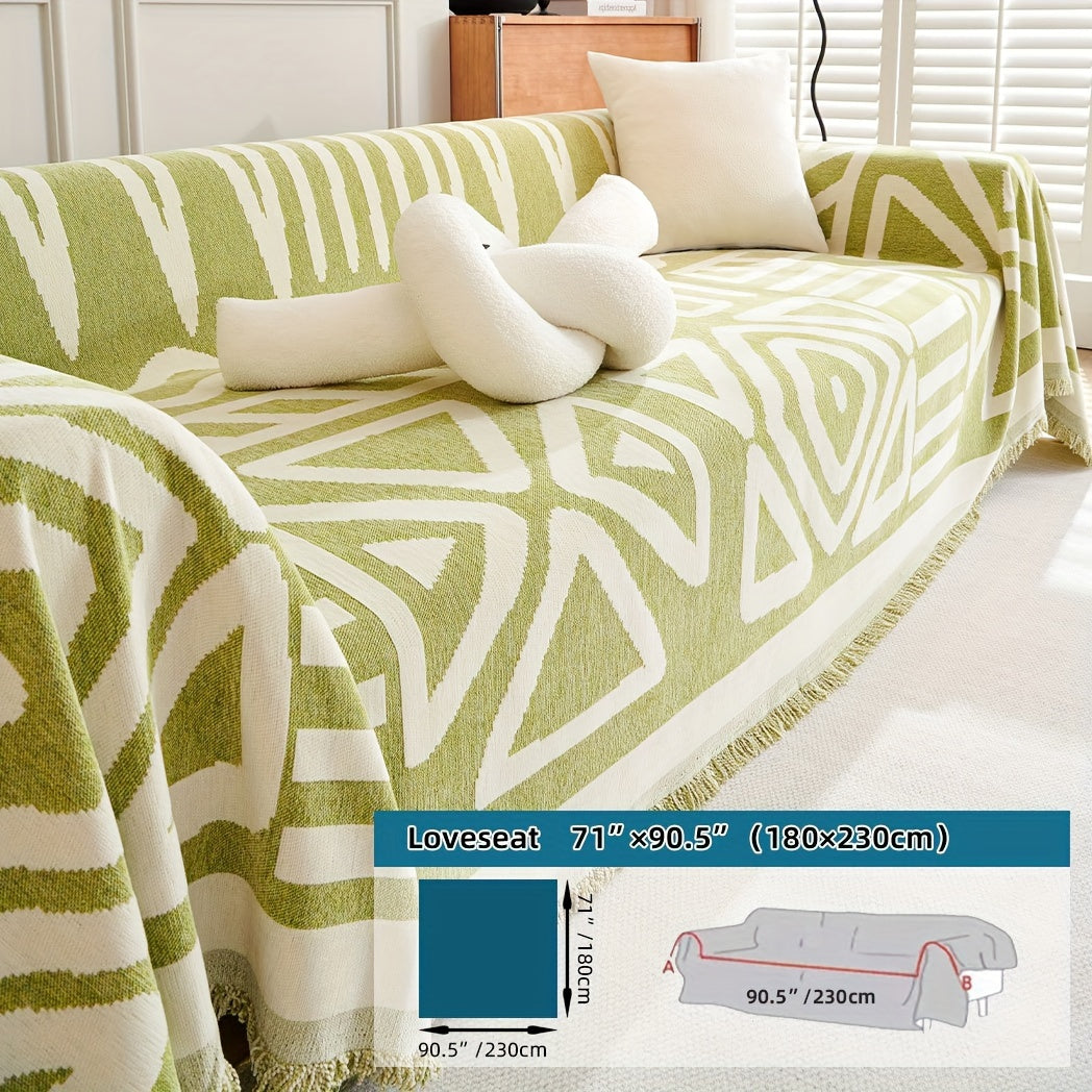 Plaid motif géométrique bohème à franges – Vert et écru