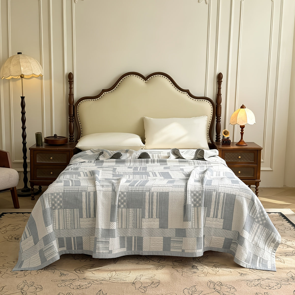 Plaid réversible bohème coton et lin – coloris bleu
