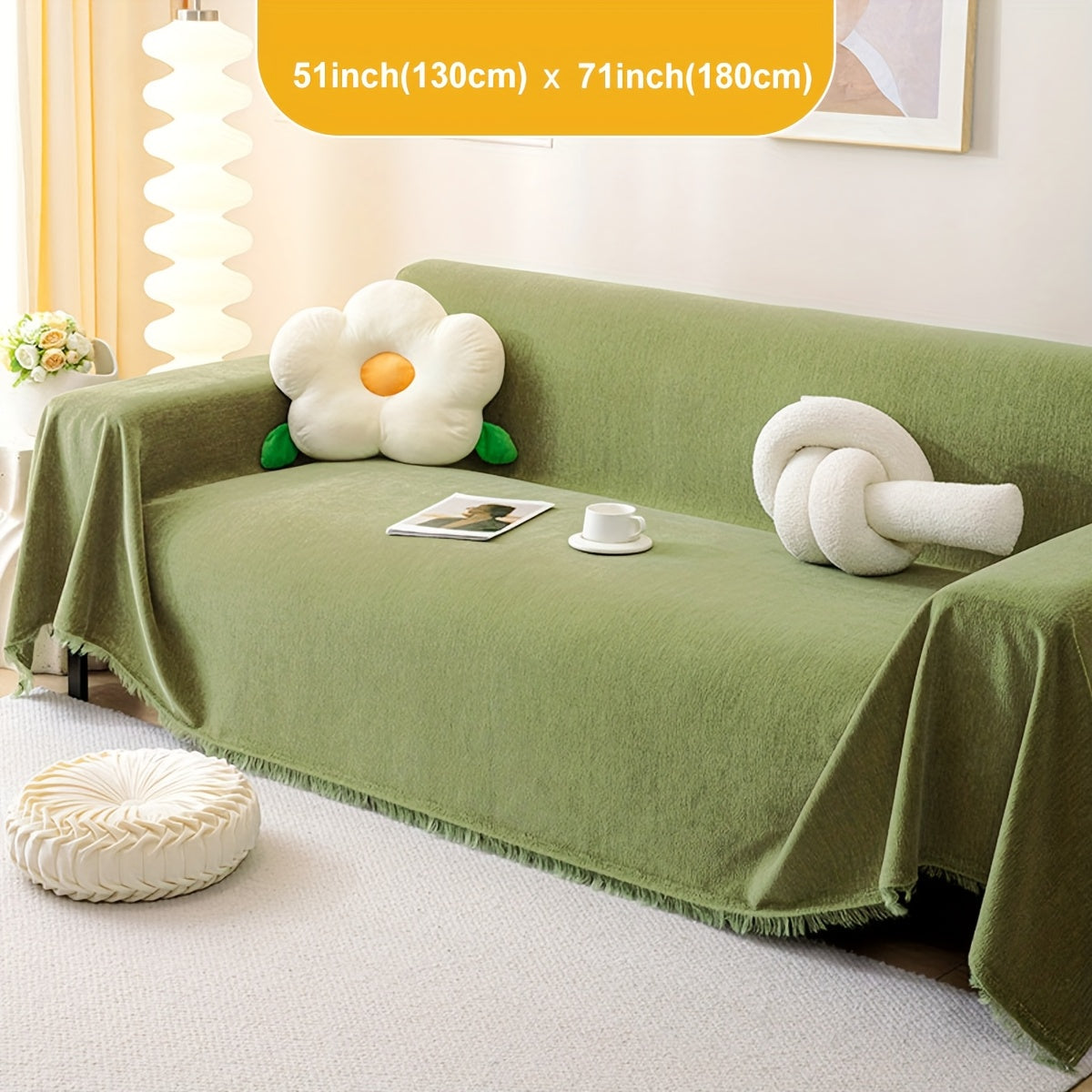 Plaid en chenille douce à franges – Vert matcha