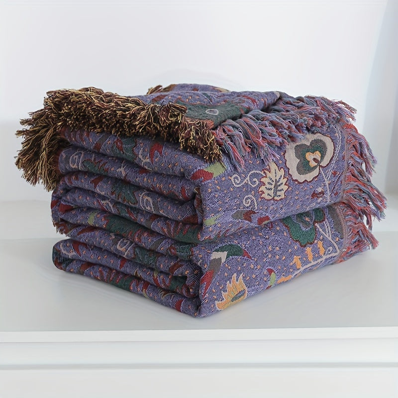 Plaid jacquard floral à franges violet