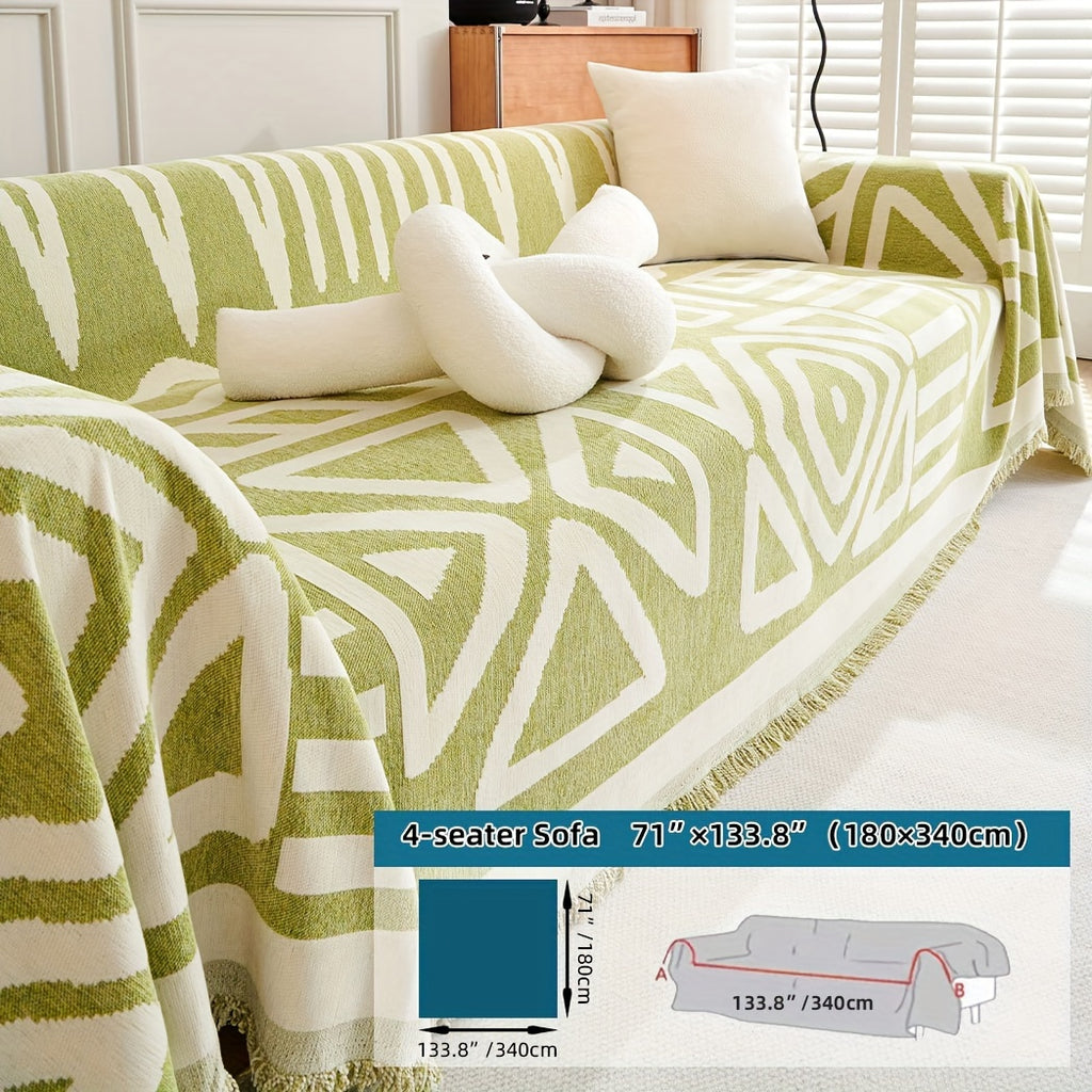 Plaid motif géométrique bohème à franges – Vert et écru