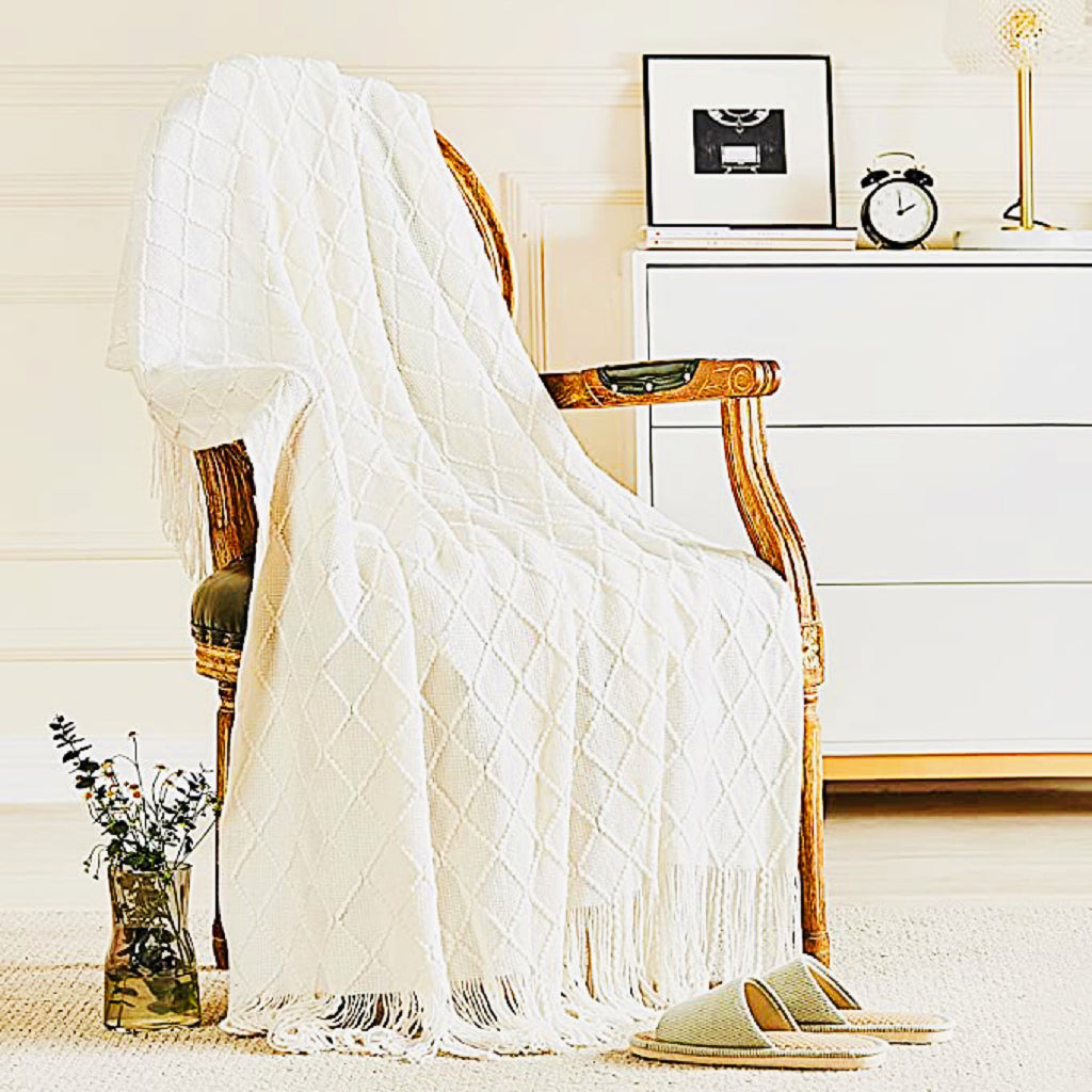 Plaid losange à franges tressées – Blanc