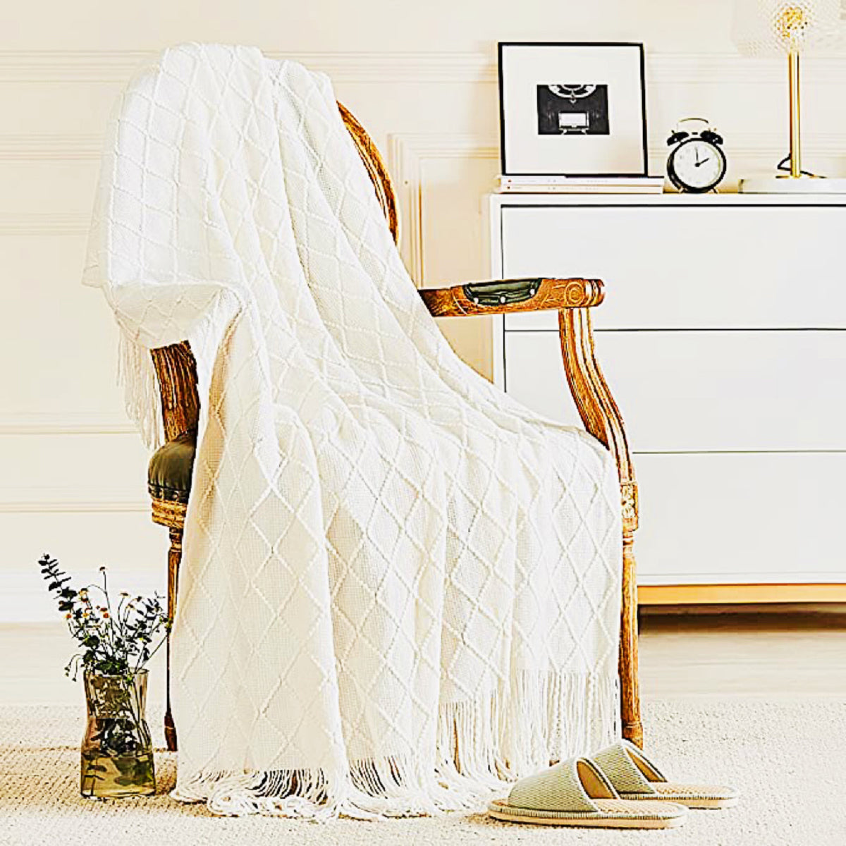 Plaid losange à franges tressées – Blanc
