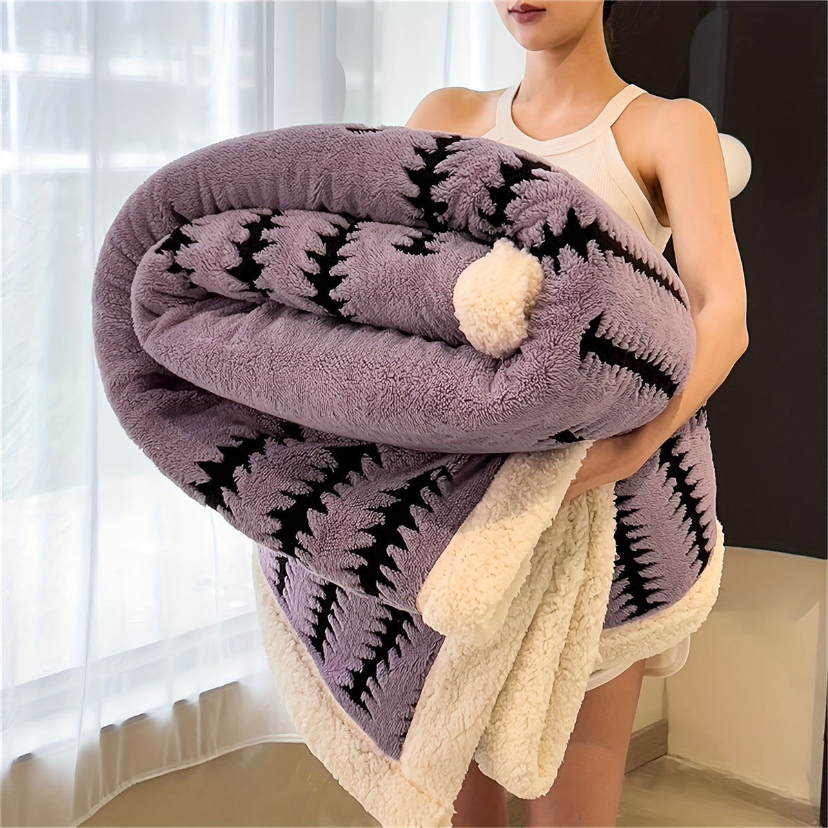 Plaid sherpa réversible motif zigzag violet