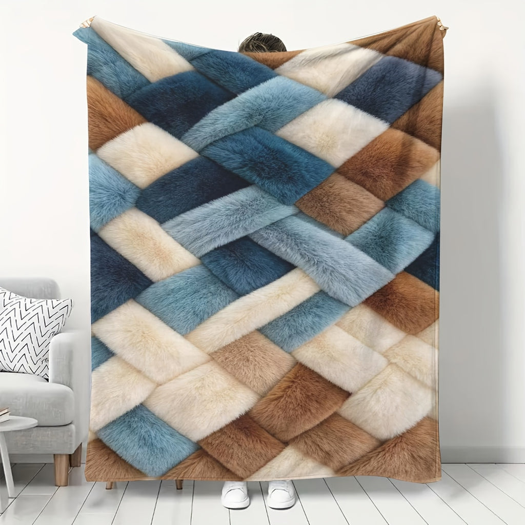 Plaid fausse fourrure patchwork bleu beige marron déployé
