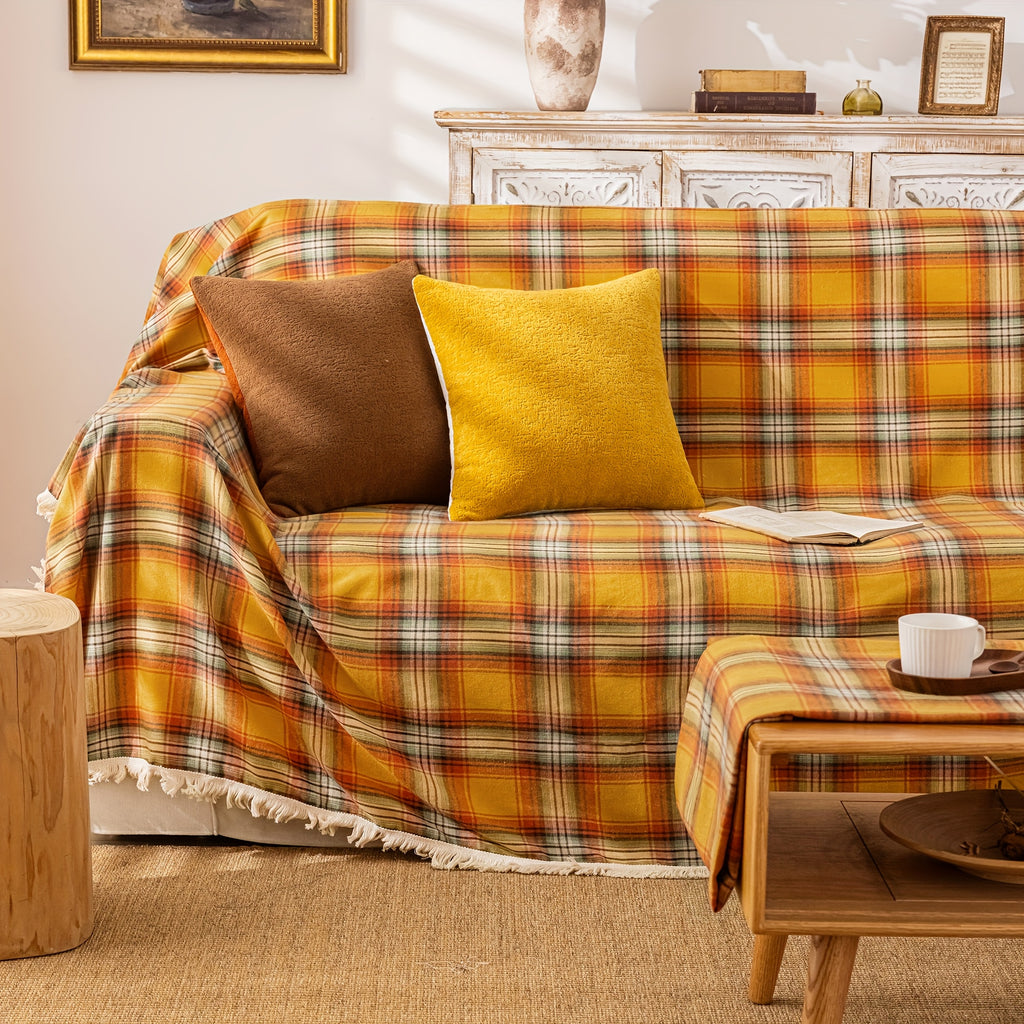 Plaid à carreaux jaune et rouille à franges – Jaune