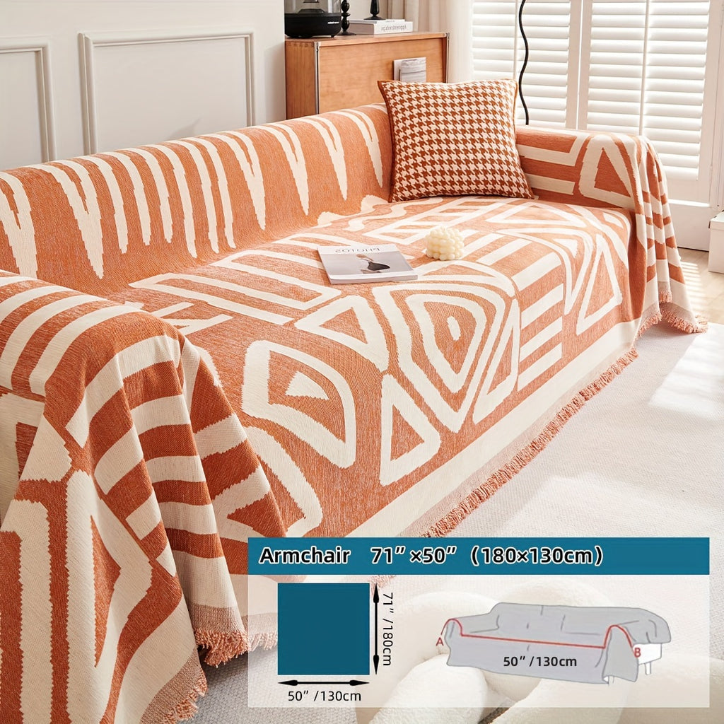 Plaid motif géométrique bohème à franges – Terracotta et écru