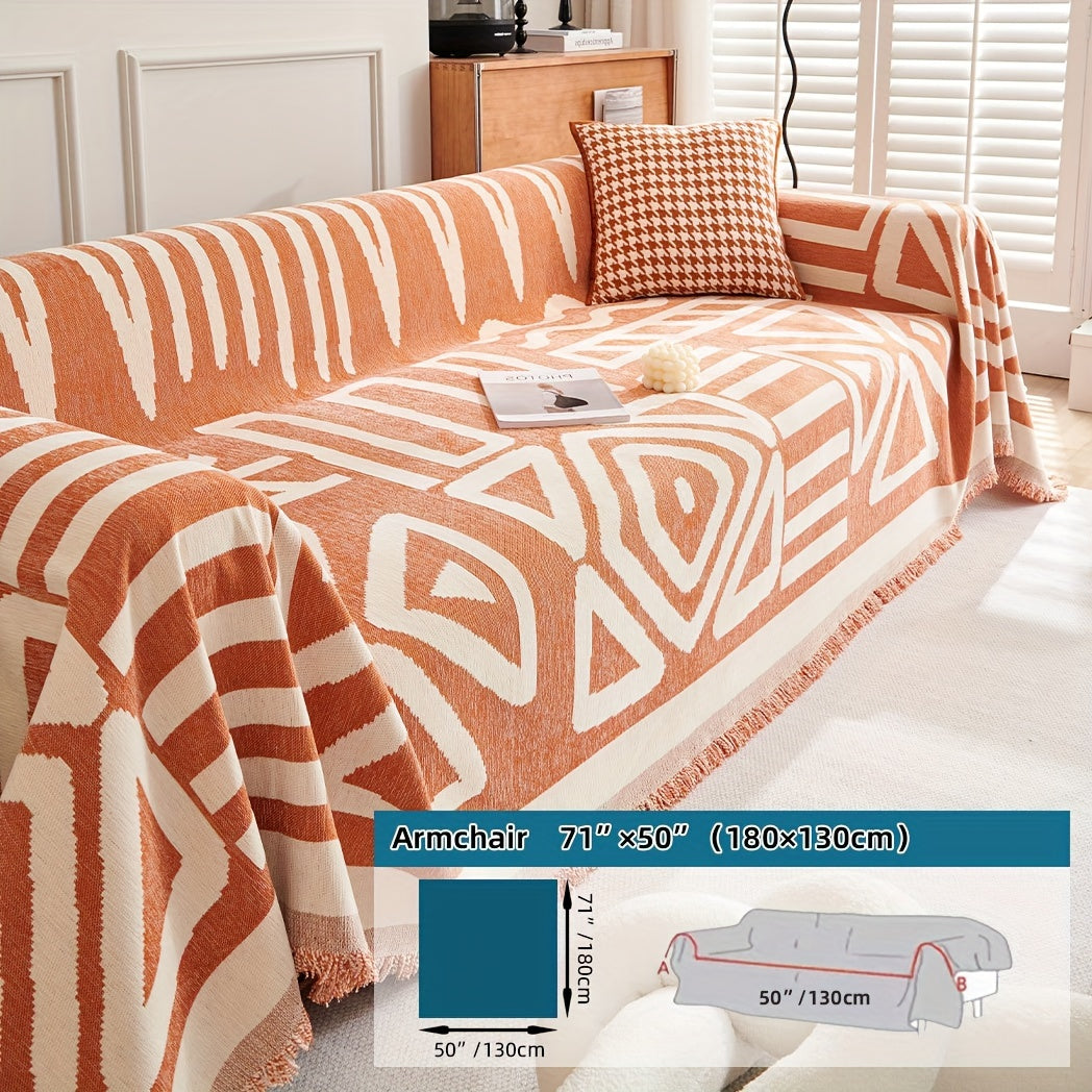 Plaid motif géométrique bohème à franges – Terracotta et écru