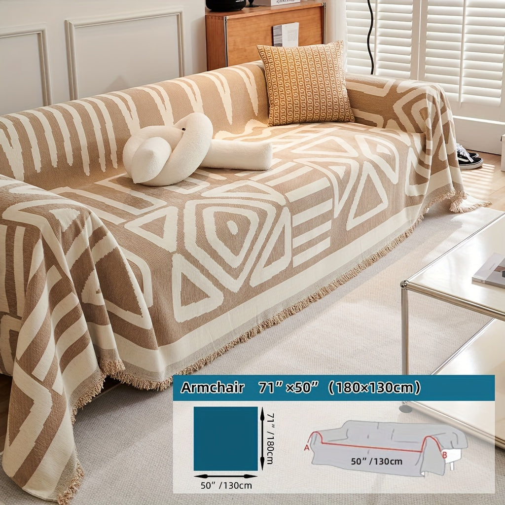 Plaid motif géométrique bohème à franges – Beige et écru